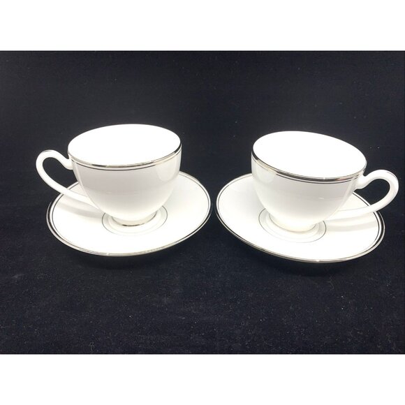 2 Waterford Kilbarry Platinum Cups and Saucers Footed Coffee Tea Fine Bone China - Picture 1 of 12